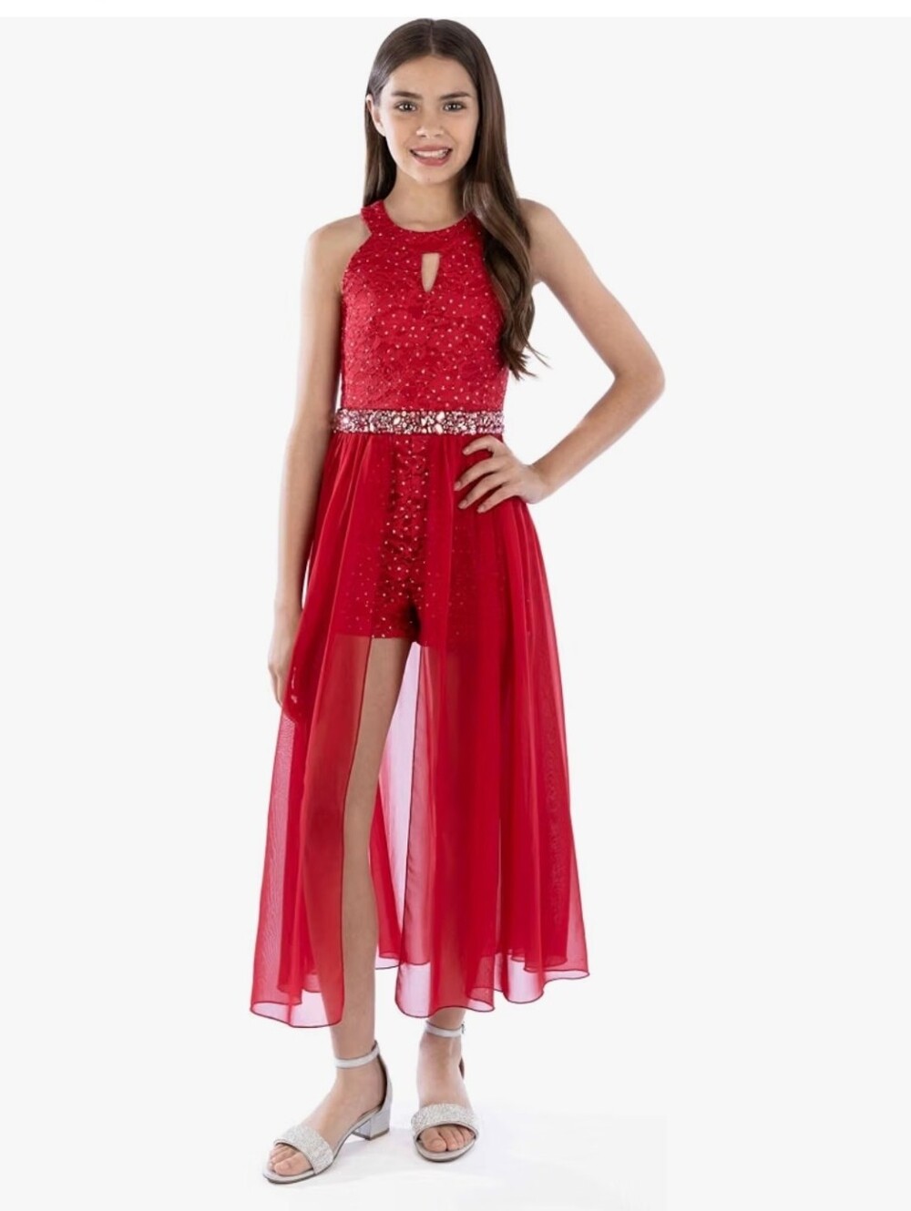 Speechless Girls' High Neck Romper Maxi Walk-Through Party Dress, Size:12